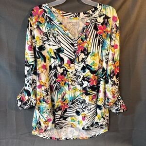 Womens Plus Relativity Floral Print V Neck 3/4 or L/S Buttoned Top Size 2X EUC